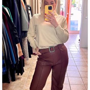 Faux Leather Belted Capri Pants with Lining